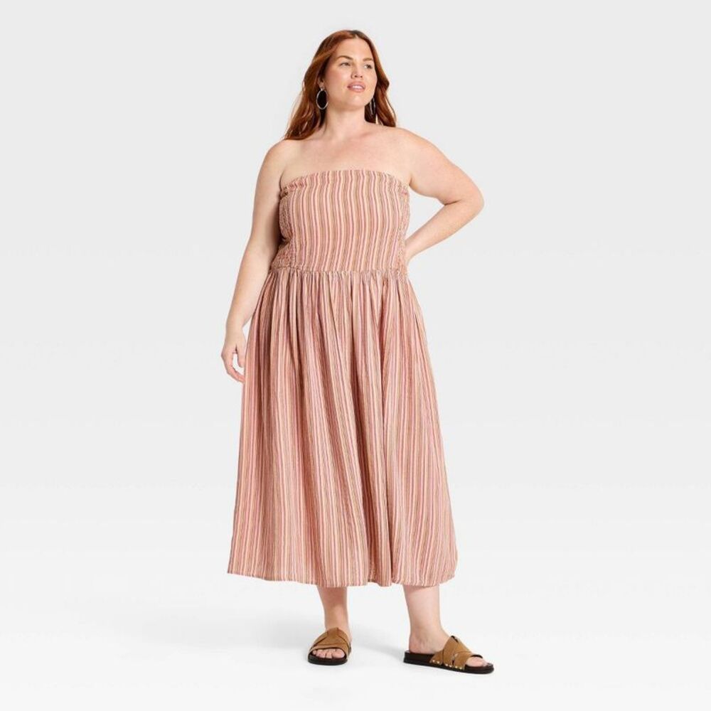 Women's Smocked Midi Striped Sundress - Universal Thread Pink 2X